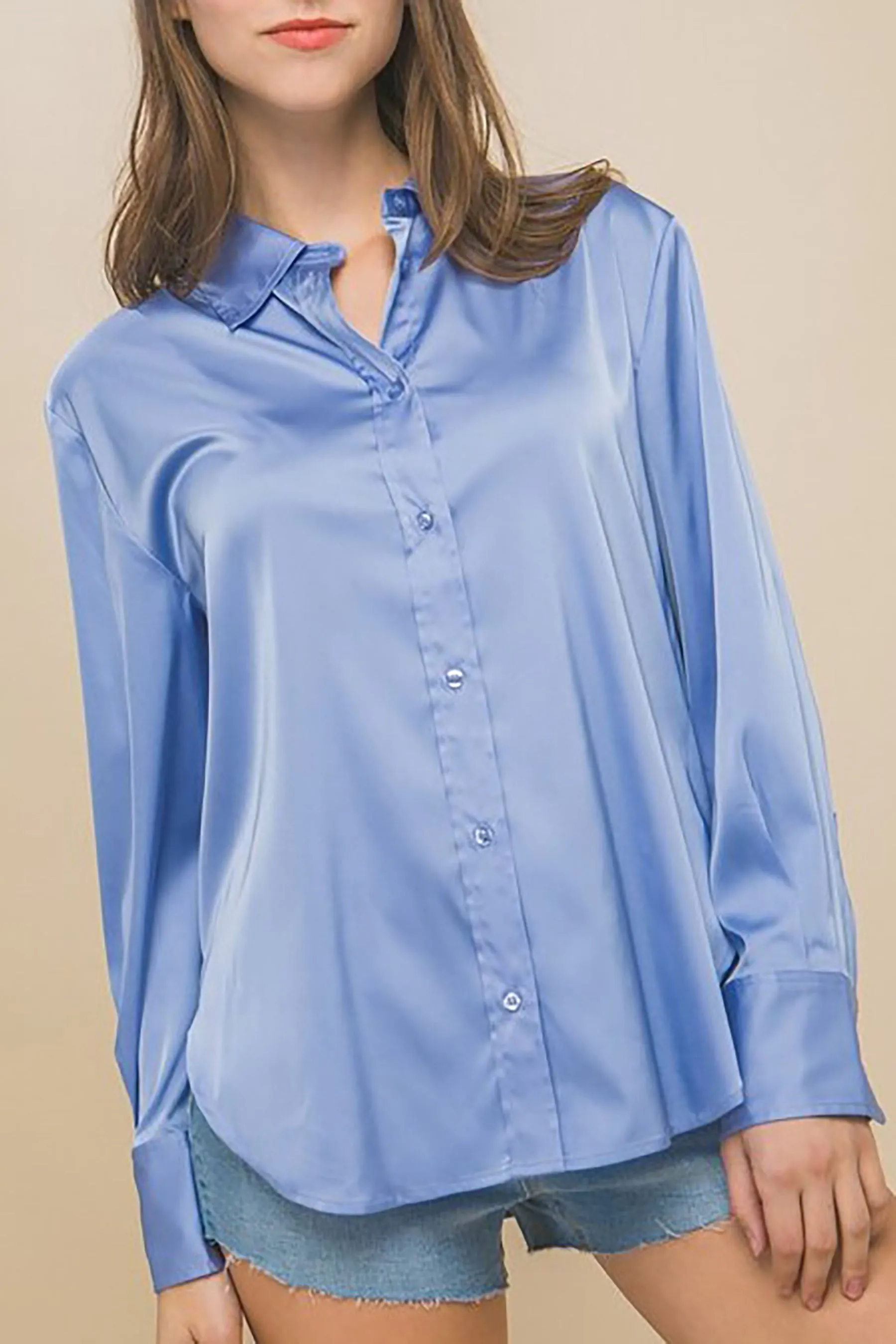 Women's  Casual Long Sleeve Button Down Satin Shirts