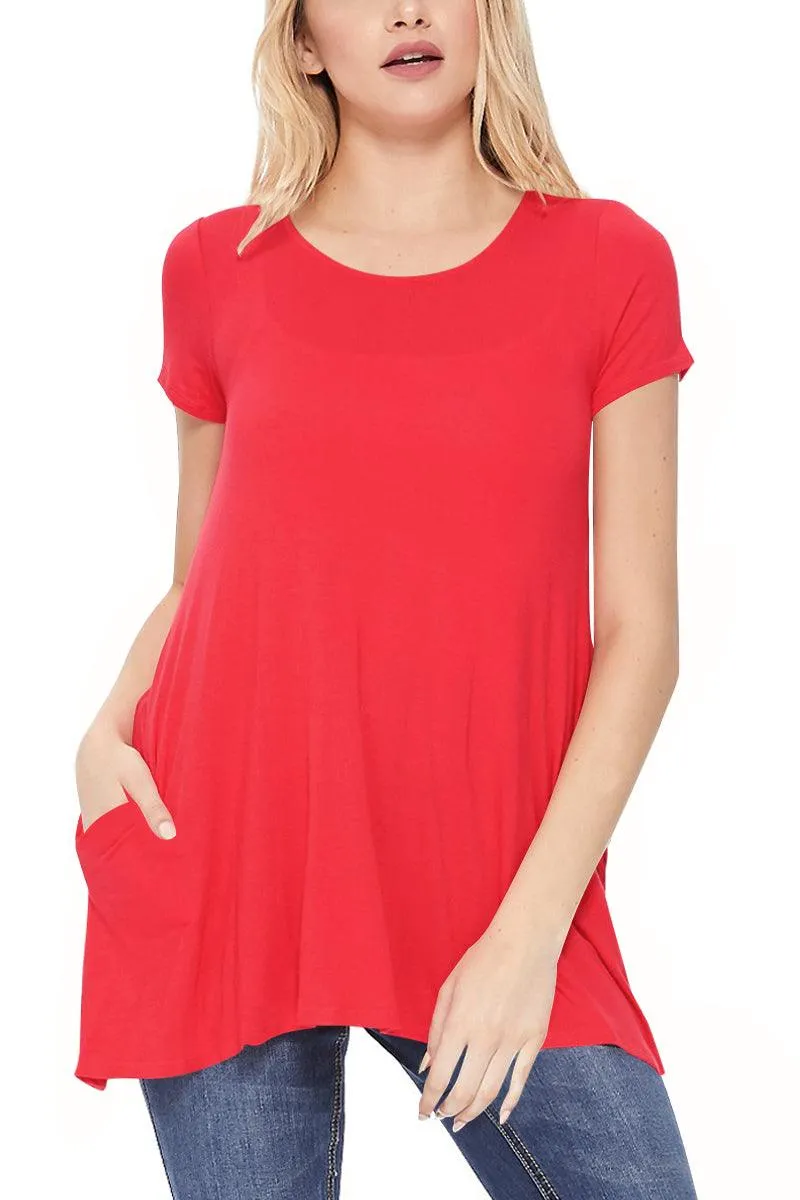 Women's Casual Short Sleeve Relaxed Fit Round Neck Side Pockets Tunic Top