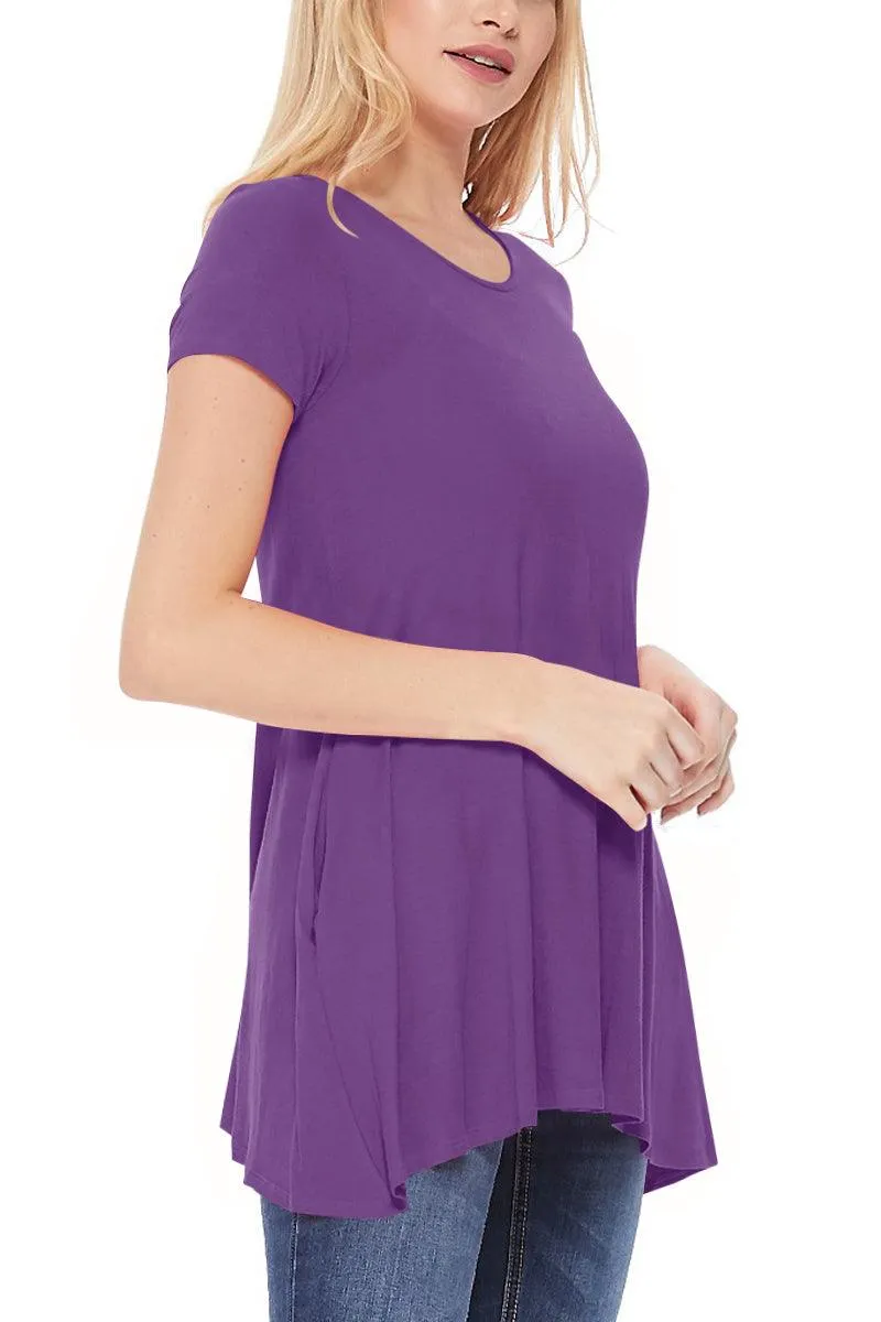 Women's Casual Short Sleeve Relaxed Fit Round Neck Side Pockets Tunic Top