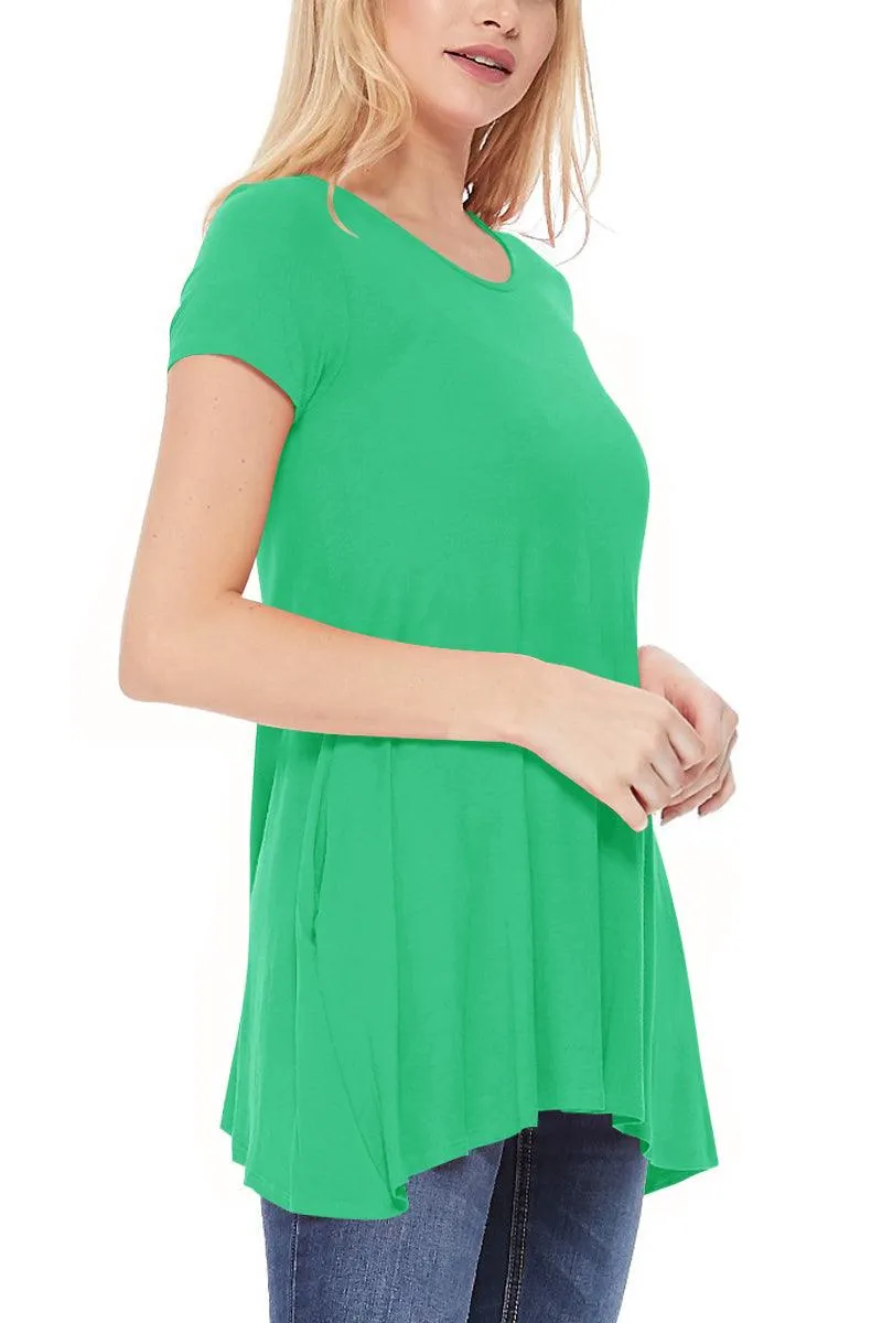 Women's Casual Short Sleeve Relaxed Fit Round Neck Side Pockets Tunic Top