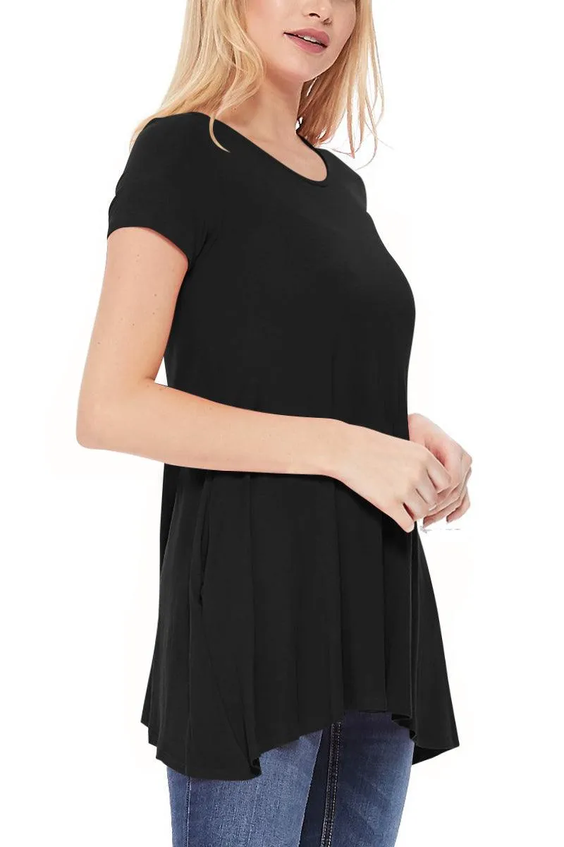 Women's Casual Short Sleeve Relaxed Fit Round Neck Side Pockets Tunic Top