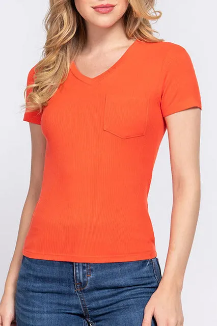 Women's Casual Short Sleeve Solid V-Neck W/Pocket Rib Top