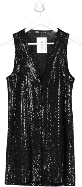 ZARA Black Sequin Button Down Tunic Dress UK S